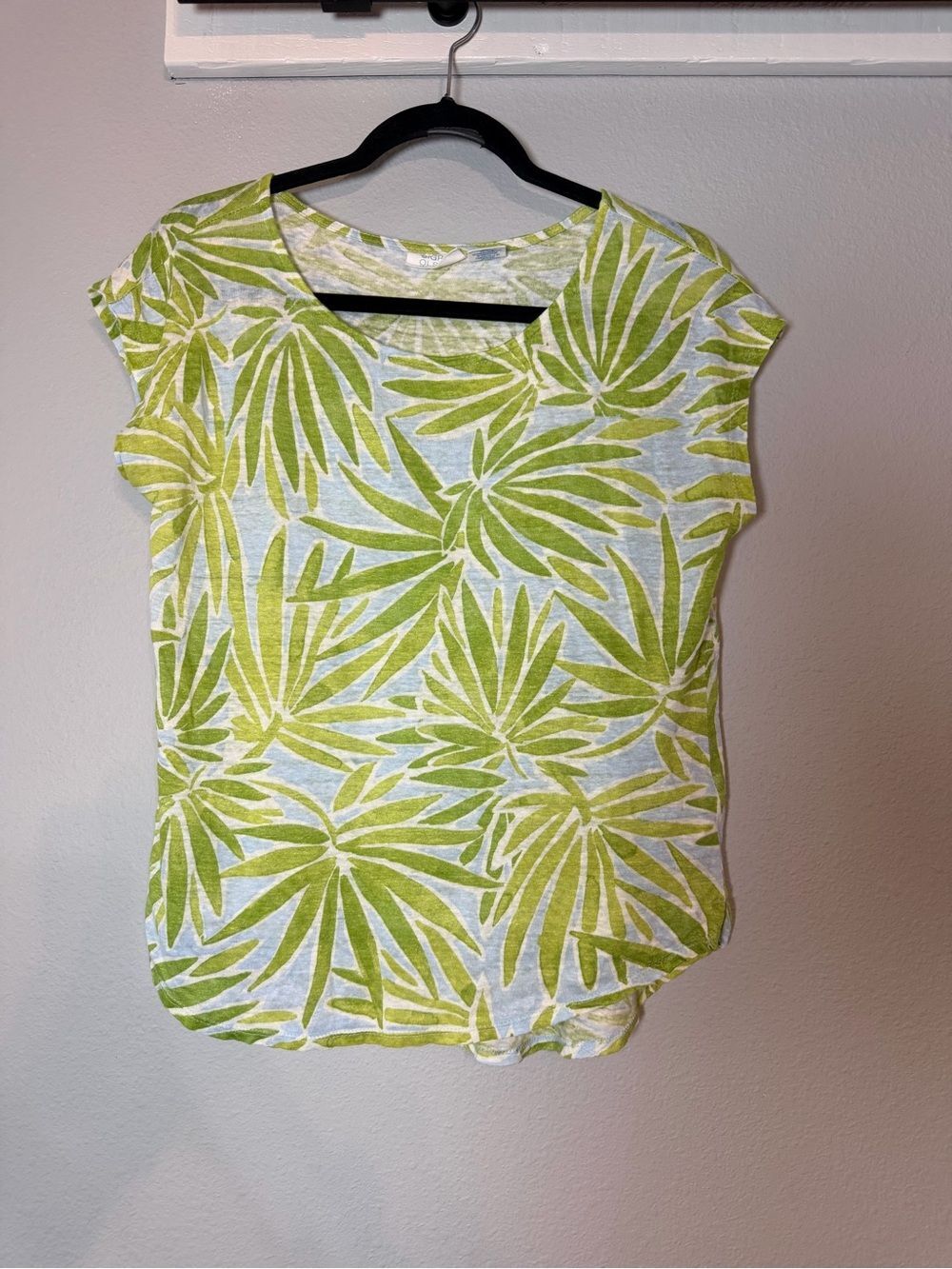 Sigrid Olsen Linen Tropical Shirt Medium Palm Frawn Short Sleeve Green Blue - Picture 2 of 4